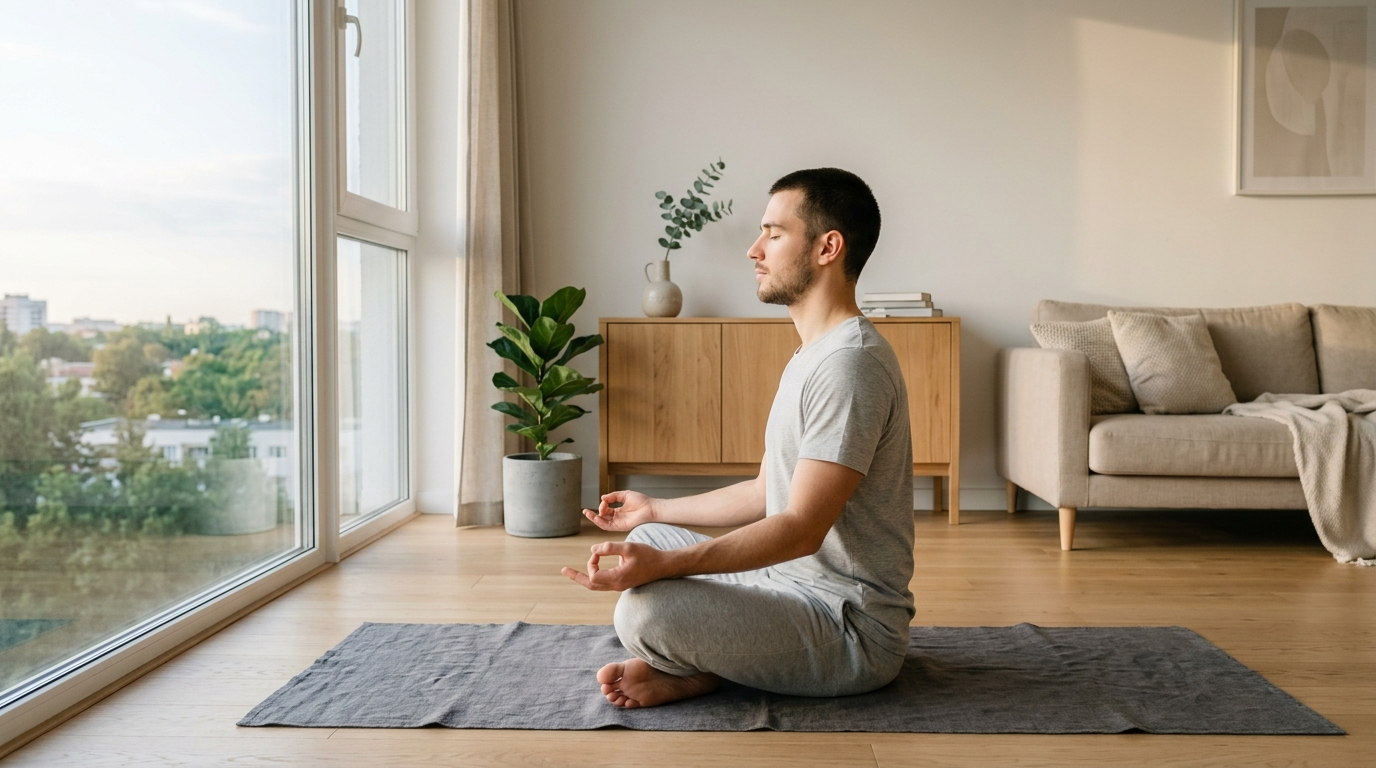 Morgenroutine – Meditation im hellen Wohnzimmer