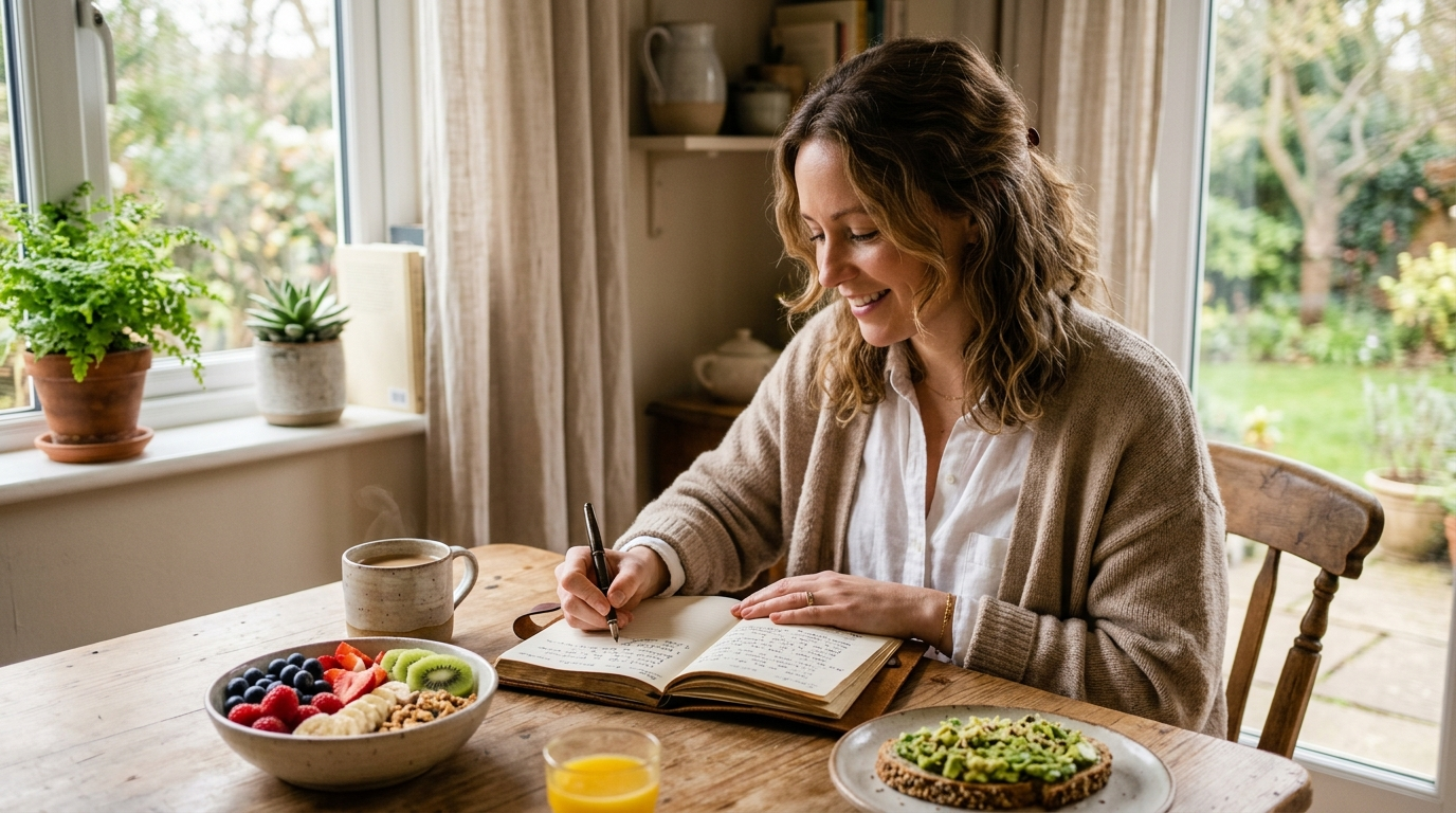 Frau beim Schreiben am Frühstückstisch – entspannte Morgenatmosphäre
